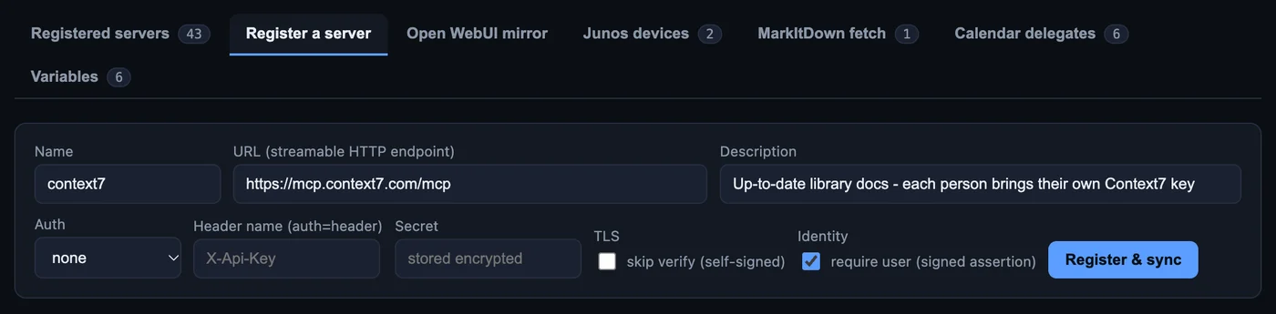Registering context7 on /mcp: name context7, the Context7 URL, auth none, require user ticked