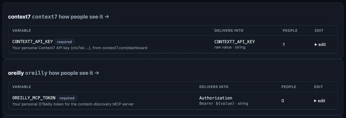 The Variables tab: context7 delivers CONTEXT7_API_KEY as the raw value, oreilly delivers OREILLY_MCP_TOKEN into Authorization as Bearer ${value}