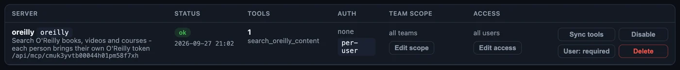 The oreilly row after Sync tools: status ok, one tool, search_oreilly_content
