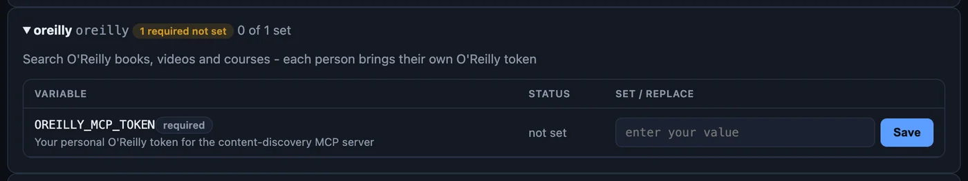 My variables before saving: oreilly shows 1 required not set, with an input and a Save button