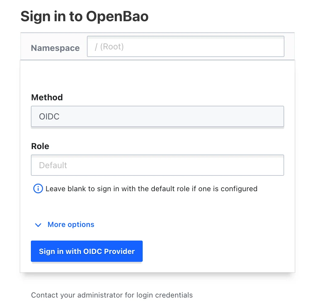 The OpenBao sign-in: method OIDC, role blank, Sign in with OIDC Provider