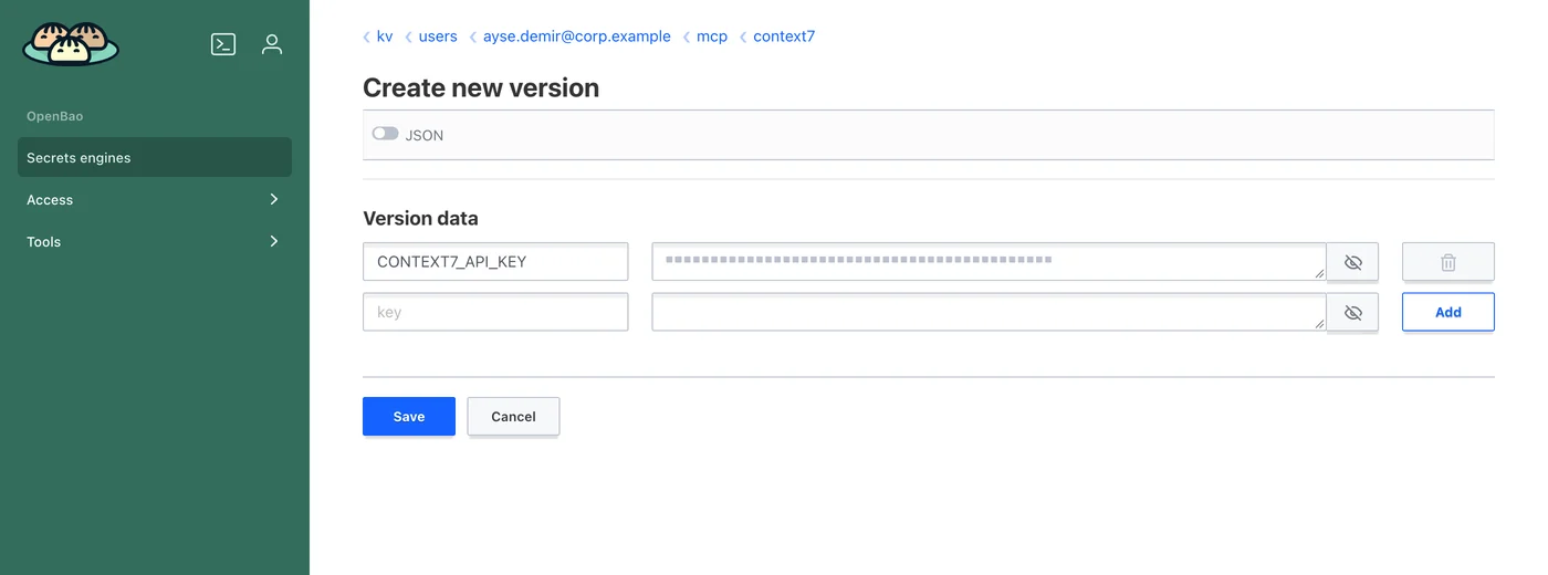 Create new version: key CONTEXT7_API_KEY with the value masked, Save and Cancel