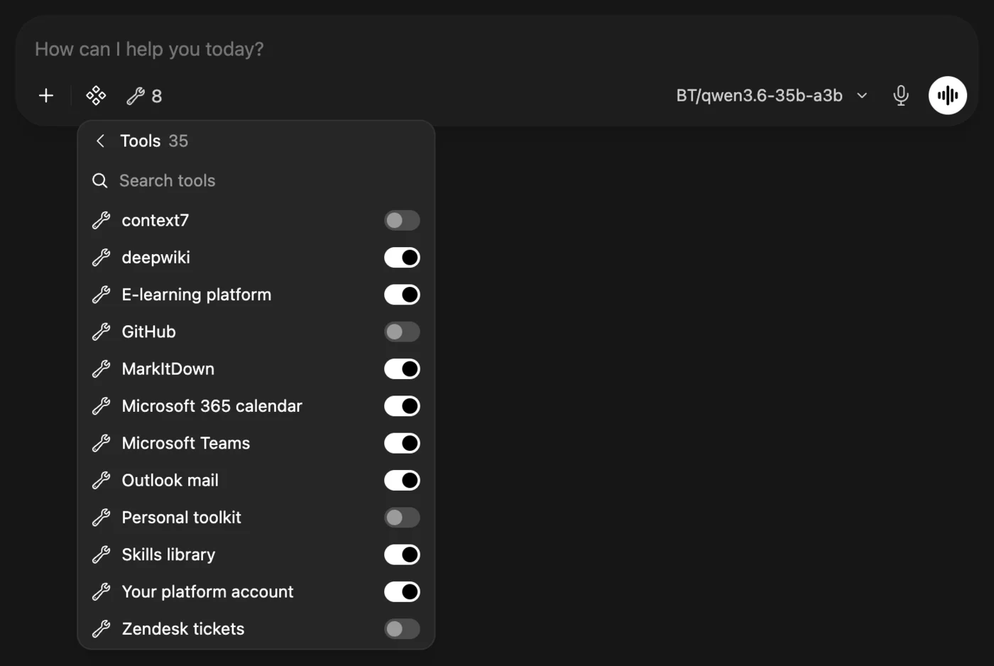 A new aimo chat with the Tools menu open: deepwiki, E-learning platform, MarkItDown, Microsoft 365 calendar, Microsoft Teams, Outlook mail, Skills library and Your platform account switched on; context7, GitHub, Personal toolkit and Zendesk tickets switched off