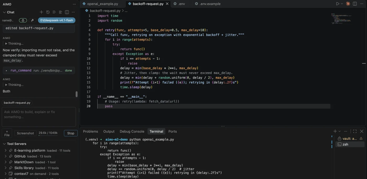 The AIMO extension signed in to a Keycloak installation: the chat beside the file it edited, and the tool servers