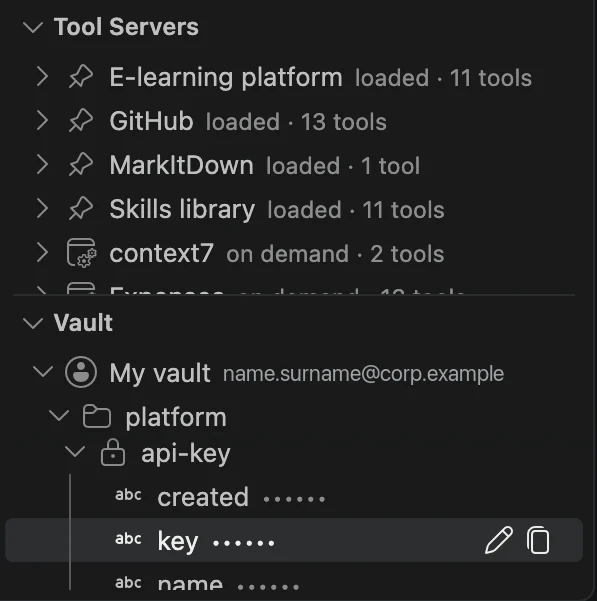 The lower part of the AIMO sidebar: tool servers loaded or on demand, and the personal vault after the vault sign-in